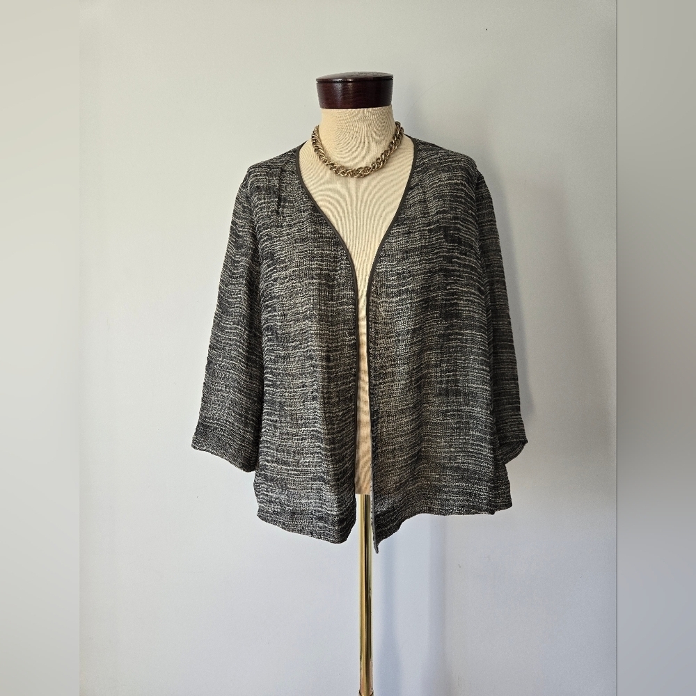 EILEEN FISHER Linen Open Front Cardigan With Silk Trim. Size Small Petite